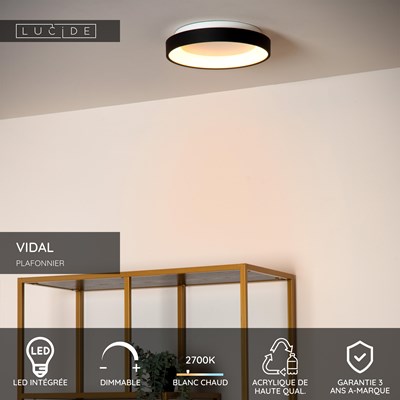 Lucide VIDAL - Plafonnier - Ø 28 cm - LED Dim. - 1x20W 2700K - Noir